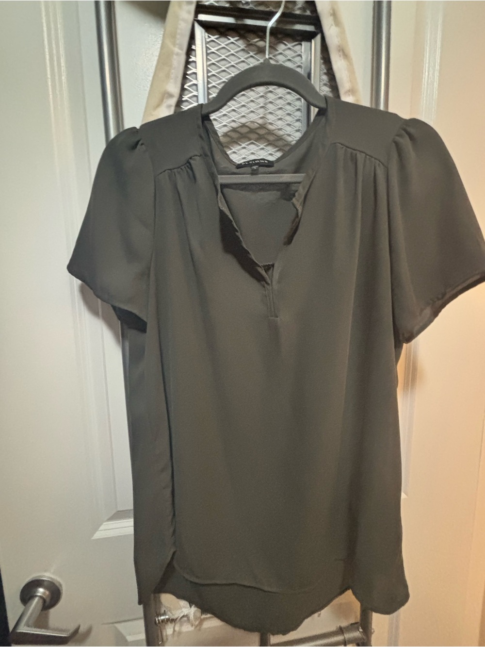 Pleione Olive Green Short Sleeve Split V-Blouse